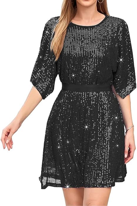 Womens Sequin Loose Dress Party Split Sleeves Casual Loose Mini Short Dresses