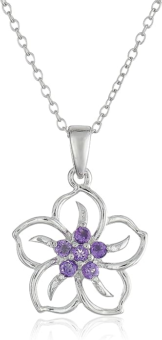 Amazon Collection Genuine or Created Gemstone Birthstone Flower Pendant Necklace with Chain in Sterling Silver, 18″