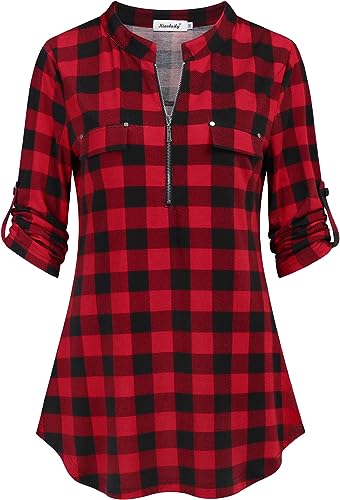 Women’s 3/4 Sleeve Plaid Shirts Zip Floral Casual Tunic Blouse Tops