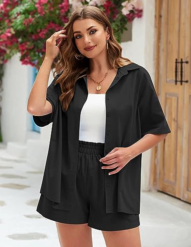 Women’s Plus Size 2 Piece Tracksuit Outfits Sets Cotton Linen Sets Short Sleeve Shirt Drawstring Casual Shorts Set